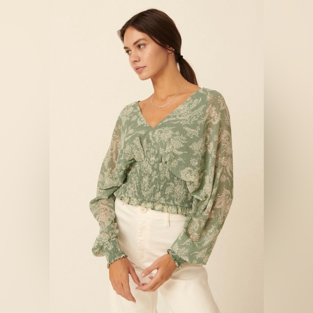 Light Green Floral V-Neck Smocked Waist Blouse